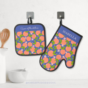 Modern Orange Pattern Stylish Personalized Oven Mitt & Pot Holder Set