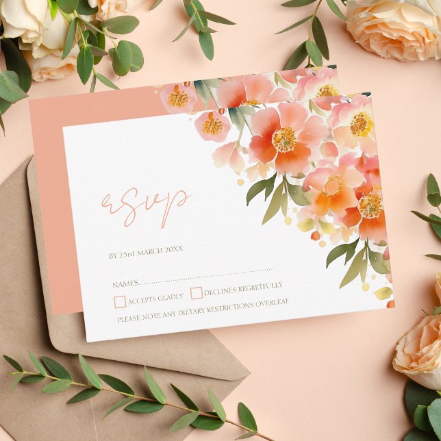Modern Orange Peach Floral Watercolor Wedding RSVP (Creator Uploaded)