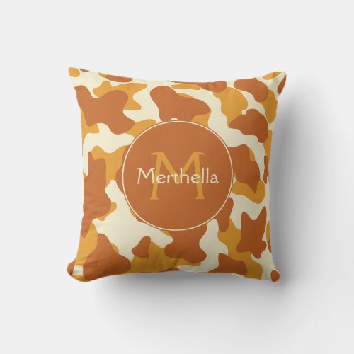 Modern Orange Personalized Cow Spots Monogram Throw Pillow