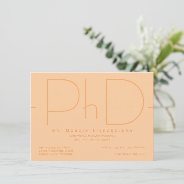 Modern Orange PhD Graduation  Invitation (Standing Front)
