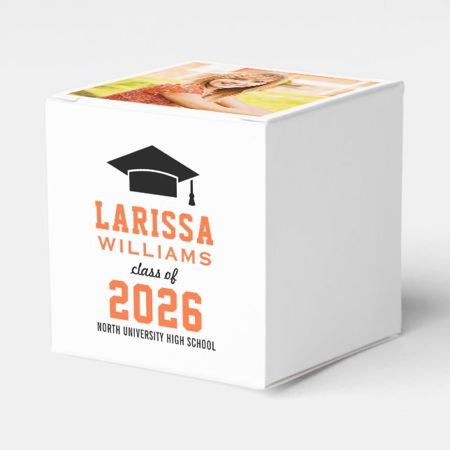 Modern Orange Photo Custom Graduation Party Favor Boxes (Front Side)
