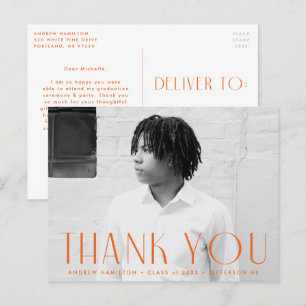 Modern Orange Photo Graduation Thank You Postcard