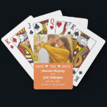 Modern Orange Photo Heart Save the Date Poker Cards<br><div class="desc">Share your engagement photo and save the date on a fun, functional playing card deck your guests will treasure. The orange color block design features a photo area at the top with a charming "Save the Date" header accented by heart icons, the couple's names in elegant calligraphy script, wedding date,...</div>