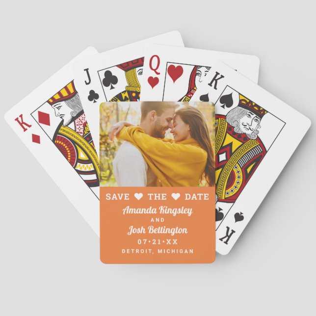 Modern Orange Photo Heart Save the Date Poker Cards (Back)