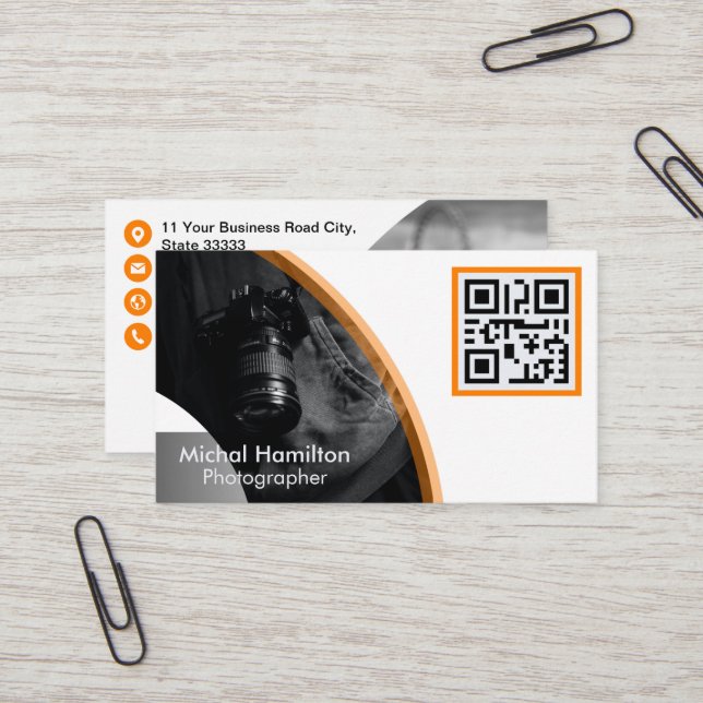 Modern Orange Photographer Business Card (Front/Back In Situ)