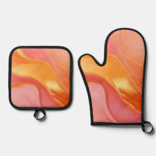 Modern Orange Pink and Gold Abstract Luxury- Oven Mitt & Pot Holder Set