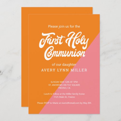 Modern Orange Pink Color Block First Communion Invitation