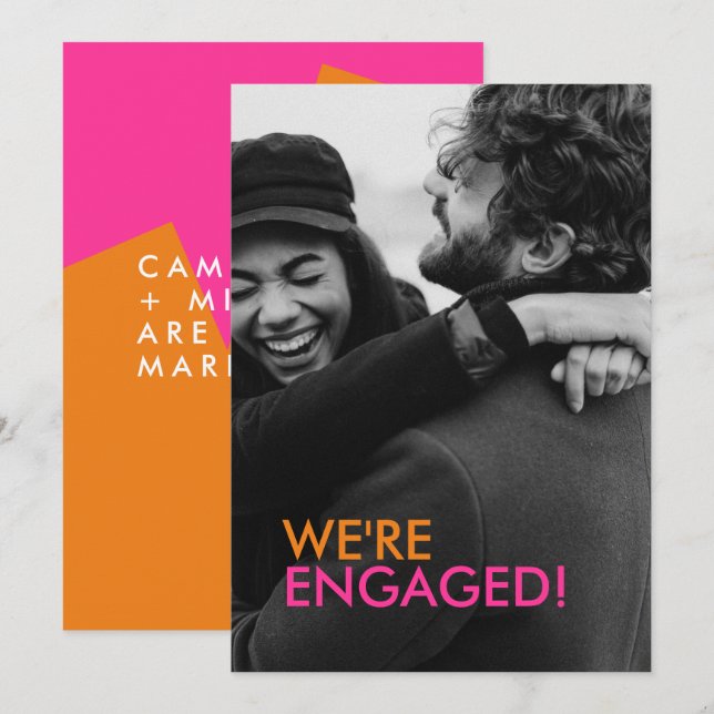 Modern Orange Pink Engagement Announcement Card (Front/Back)