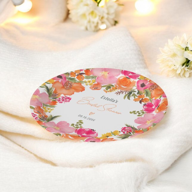 Modern Orange pink floral script bridal shower Paper Plates (Modern Orange pink floral script bridal shower Paper Plates)