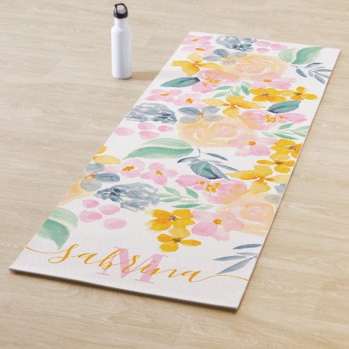 Modern orange pink floral watercolor monogrammed yoga mat