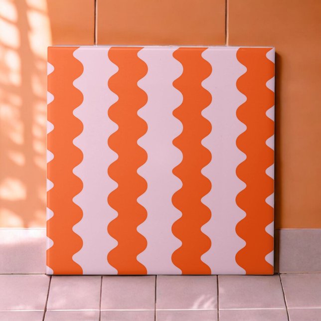 Modern Orange Pink Groovy Stripe Minimalist Spring Ceramic Tile (Creator Uploaded)