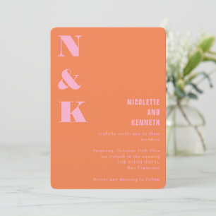Modern Orange Pink Monogram Initials Wedding  Invitation