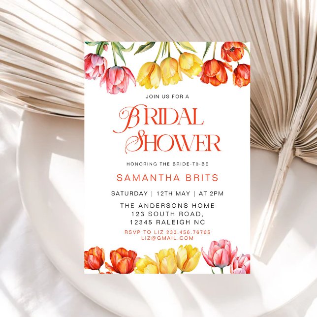 Modern Orange Pink  Tulips Floral Bridal Shower Invitation (Creator Uploaded)