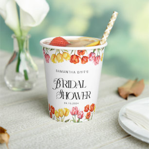 Modern Orange Pink Tulips Floral Bridal Shower Paper Cups