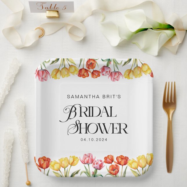 Modern Orange Pink  Tulips Floral Bridal Shower Paper Plates (Wedding)