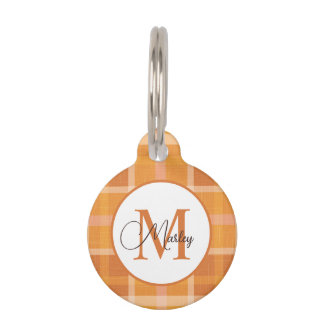 Modern Orange Plaid Monogram Name Custom Pet ID Tag