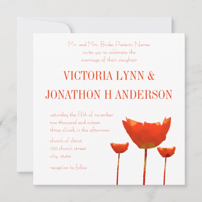 Modern Orange Poppies Wedding Invitation (Front)