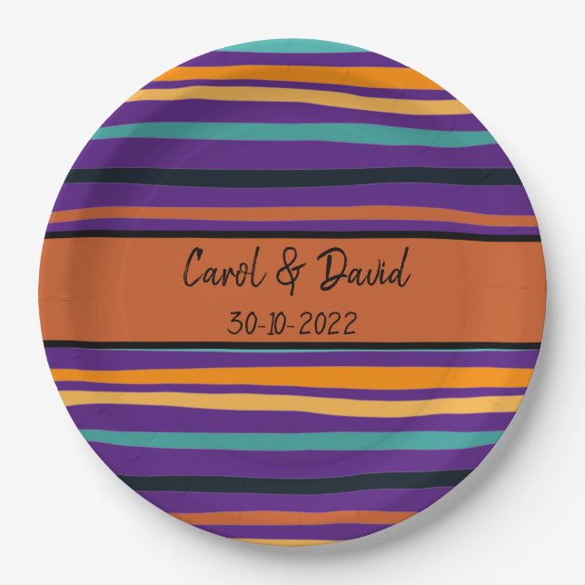 Modern Orange Purple Striped Halloween Wedding Paper Plates (Front)