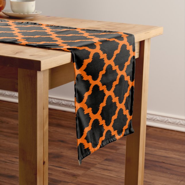 Modern Orange Quatrefoil Pattern On Black Short Table Runner (In Situ)