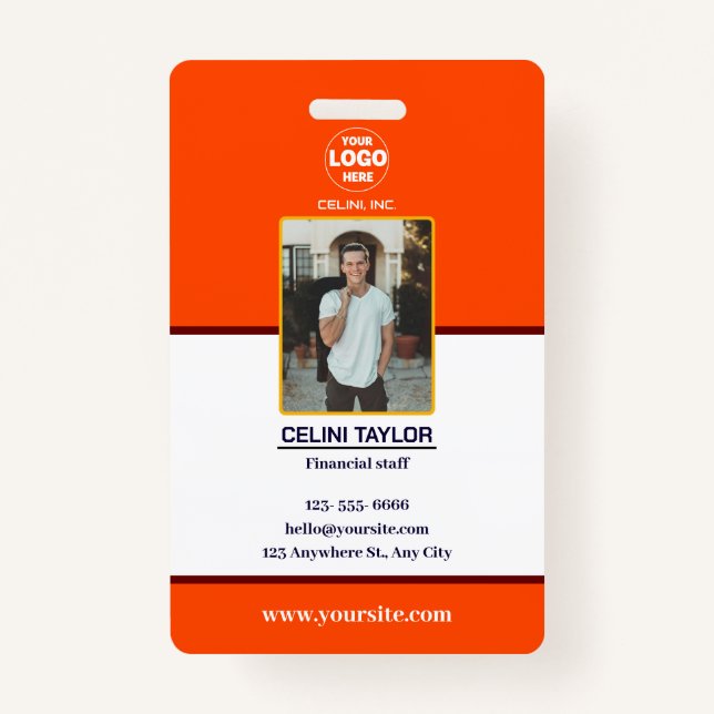 Modern Orange Red Photo ID Card with Logo Badge (Front)