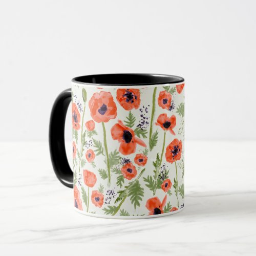 Modern Orange Red Watercolor Painted Poppy Flowers Mug