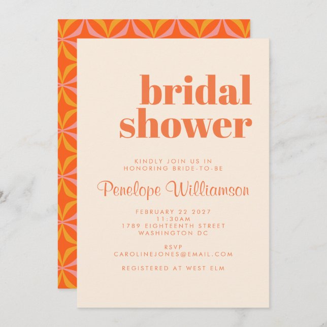 Modern Orange Retro Bold Typography Bridal Shower  Invitation (Front/Back)