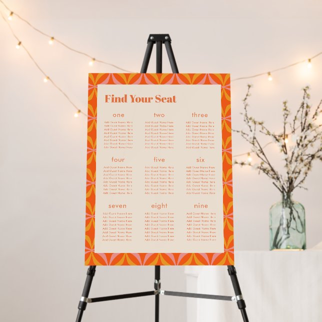 Modern Orange Retro Geometric Custom Seating Chart Foam Board (In Situ (Stand))