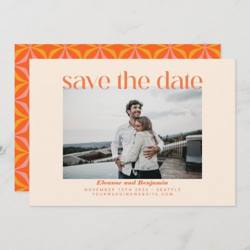 Modern Orange Retro Typography Photo Wedding  Save The Date