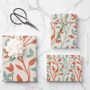 Modern Orange & Sage Botanical Vine Pattern Wrapping Paper Sheets