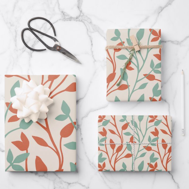 Modern Orange & Sage Botanical Vine Pattern Wrapping Paper Sheets (Front)