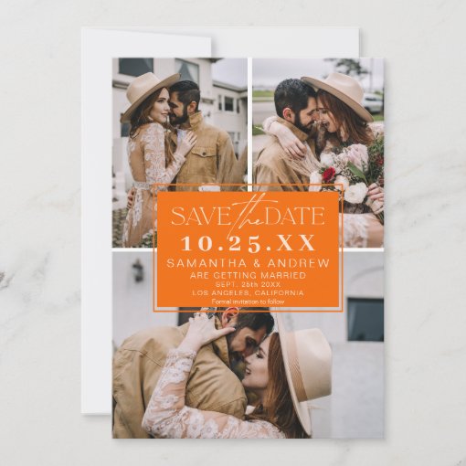 Modern orange save the date 3 photos grid collage Zazzle