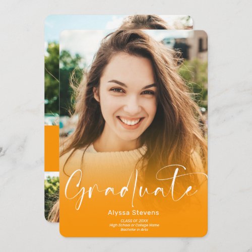 Modern orange script 4 photos graduation announcement