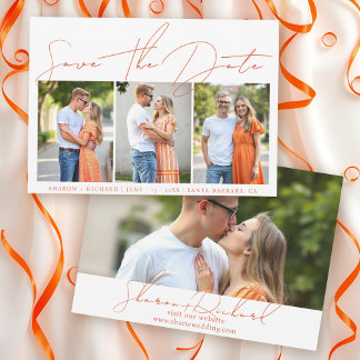 Modern orange script calligraphy 3 photo collage save the date