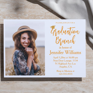 modern orange script graduation brunch photo invitation