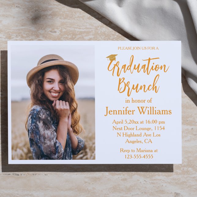 modern orange script graduation brunch photo invitation (Creator Uploaded)
