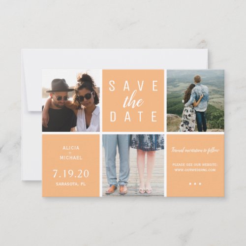 Modern orange simple 3 photo collage wedding save the date