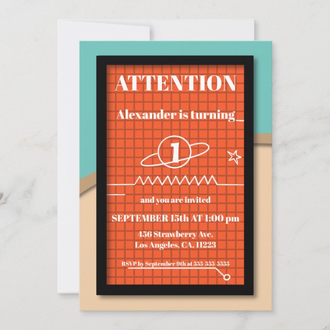 Modern Orange Spaceship Electronics Birthday  Invitation (Front)