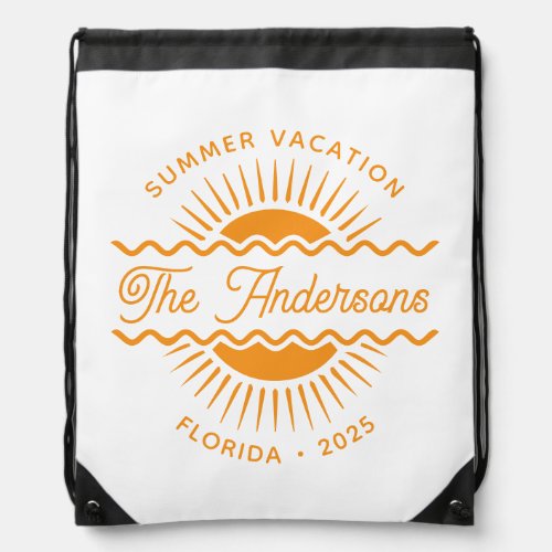Modern Orange Sunny Summer Family Name Vacation Drawstring Bag