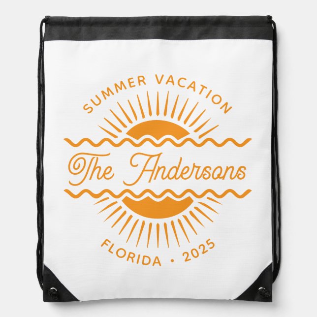 Modern Orange Sunny Summer Family Name Vacation Drawstring Bag (Front)
