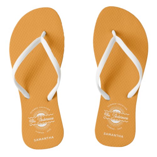 Modern Orange Sunny Summer Family Name Vacation Flip Flops