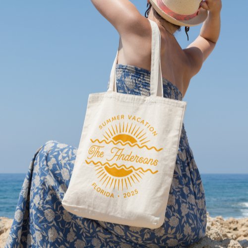 Modern Orange Sunny Summer Family Name Vacation Large Tote Bag