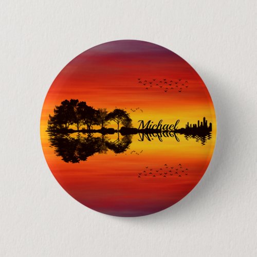 Modern Orange Sunset Guitarist Name Watercolor Button