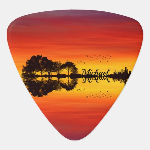 Modern Orange Sunset Guitarist Name Watercolor Guitar Pick
