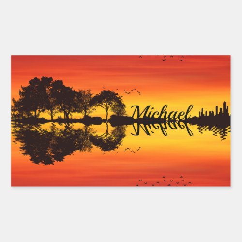 Modern Orange Sunset Guitarist Name Watercolor Rectangular Sticker