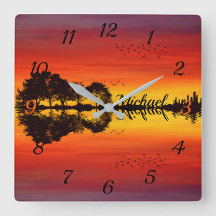 Modern Orange Sunset Guitarist Name Watercolor Square Wall Clock