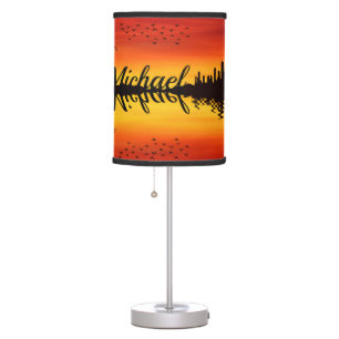Modern Orange Sunset Guitarist Name Watercolor Table Lamp