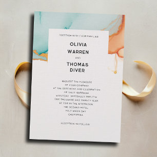 Modern Orange Teal Minimalist Gold Fall Wedding Invitation