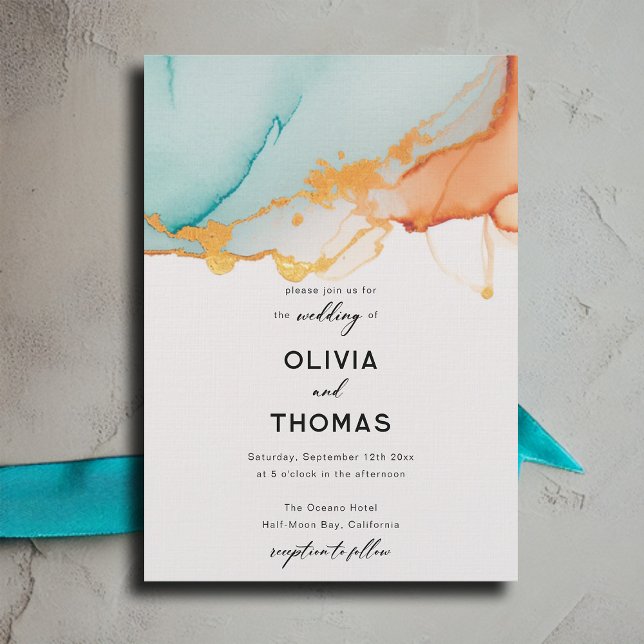Modern Orange Teal Minimalist Romance Fall Wedding Invitation (modern orange and teal wedding invitation romantic elegant bohemian minimalist calligraphy simple)