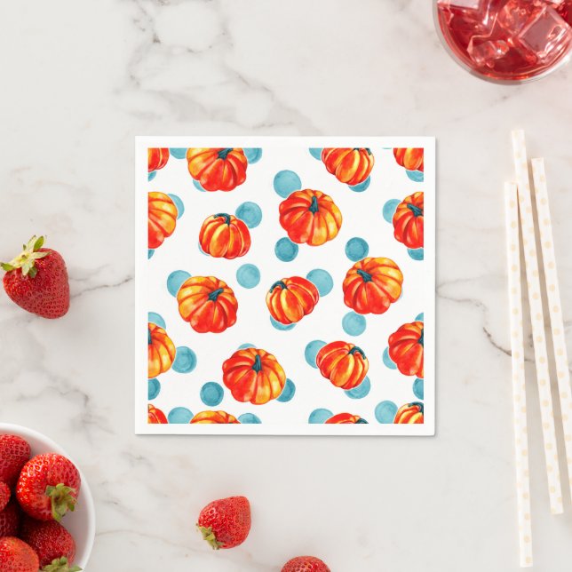 Modern Orange Thanksgiving Pumpkin Blue Polka Dots Napkins (Insitu)