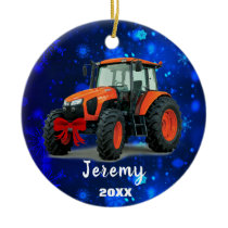 Modern Orange Tractor "Christmas 20XX"  Ceramic Ornament